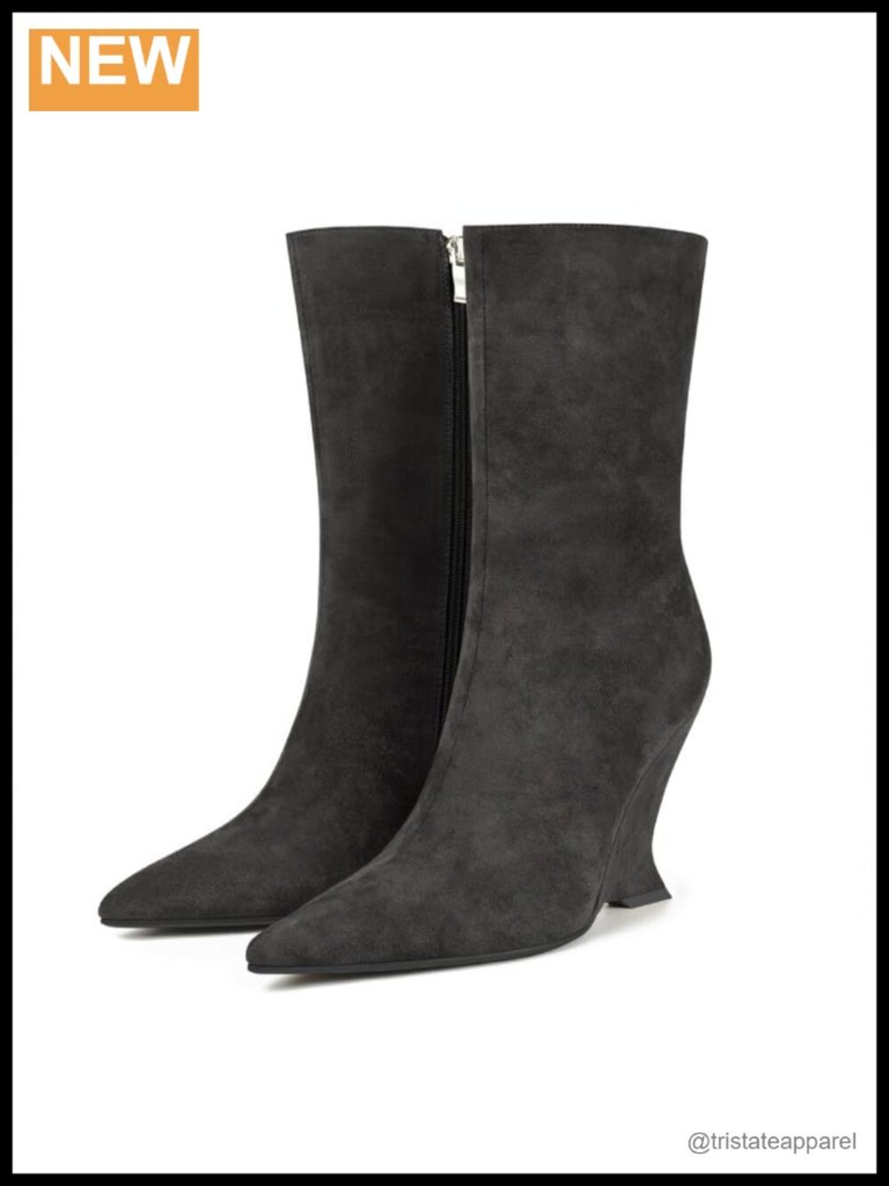 Suede Wedge Heel Ankle Boots Pointed Toe Mid Calf Side Zipper Winter